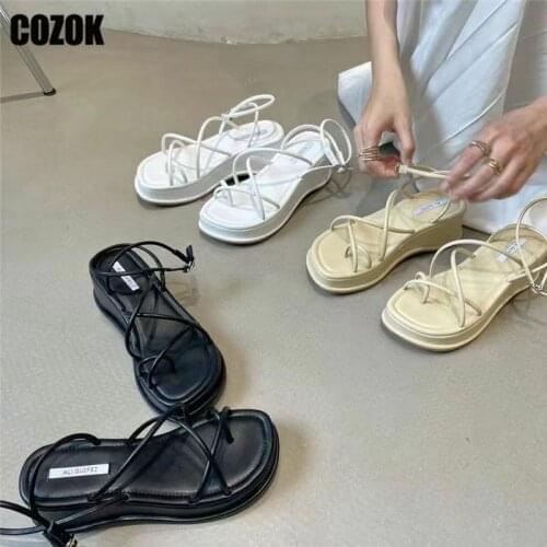 Gladiator Thong Sandals Women 2021 Woman Summer Ankle Strap Flats Platform Ladies Casual Lace Up Shoes Female Footwear Plus Size