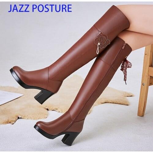 Winter Over The Knee Boots Women Natural Genuine Leather Thick High Heel Long Boots Rhinestones Flower Zipper Shoes Ladies w305