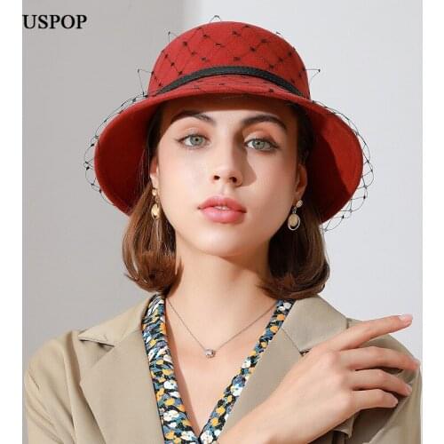USPOP New 2021 Winter Women Wool Fedoras with Belt 100% Geniue Mesh Yarn Wool Hats