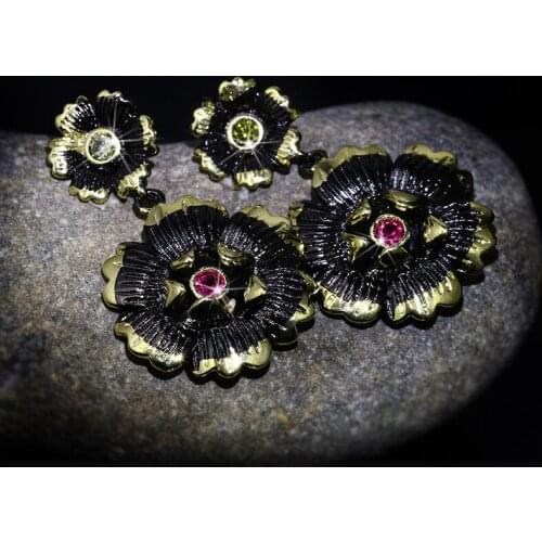 Black Gold Filled Ruby Earrings for Women Christmas Hiphop Party Fine Jewelry Fashion Black Gold Filled Flower Earrings Women