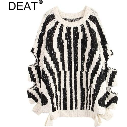 [DEAT] 2021 Autumn Winter New Fashion Tide Round Neck Long Sleeve Hollow Out Splicing Loose Knitting Sweater Women 13Z1179
