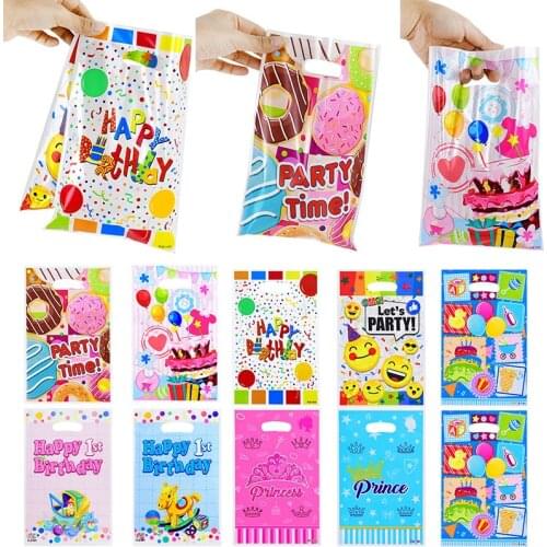 10pcs Printed Gift Bags Happy Birthday Plastic Candy Bag Child Boy Girl Kids Birthday Party Baby Shower Favors Supplies Decor