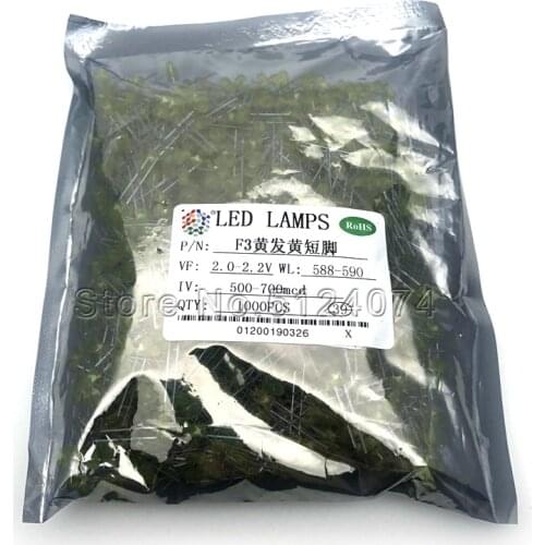 1000pcs/lot 3MM/F3 yellow light emitting diode LED lamp round head LED yellow light super bright short pin