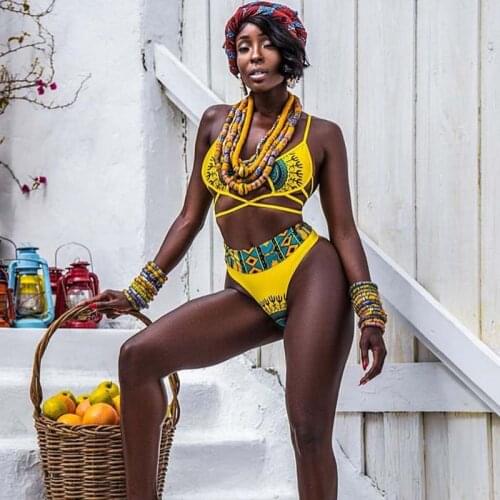 African Print Style Swimming Suit for Women Swimsuit High Waist Bikini Yellow Totem Swimwear Bandage Swim Bathing Suit Badpak