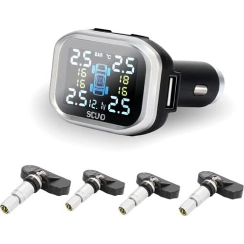 12V Car TPMS Wireless Tire Pressure Monitoring System Cigarette Lighter Power Alarm Systems with 4 internal or External Sensor