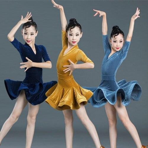 Kids Dresses Girls Short Sleeve V-neck Latin Dance Dress Velvet Ballroom Competition Party Stage Performance Practice Costumes