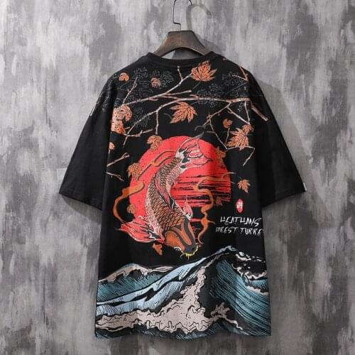 Japanese Black Cool T Shirts Boys Hip Hop Fish Print T Shirt Streetwear Men Summer Tops Tees Harajuku Gothic High Street T Shirt