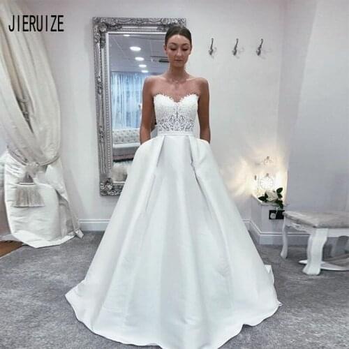 JIERUIZE Newest Satin Wedding Dresses A Line Sweetheart Neck Lace Appliques Sexy Backless Beach Bridal Gowns vestido de noiva