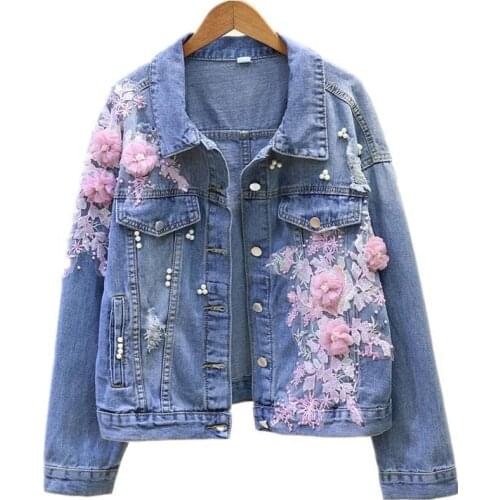 Spring Autumn Denim Jacket Female New Loose Embroidered Three-Dimensional Flowers Ripped Beading Denim Short Outerwear Woman Top