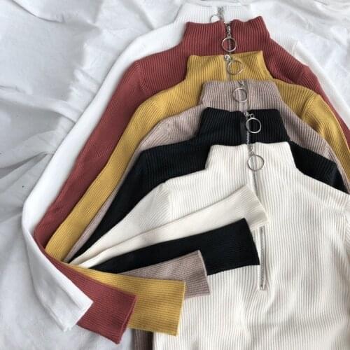 Fashion Women Turtleneck 2021 New Sweaters Autumn and Winter Korean Sweater Black Ring Zipper Pullover Knitted Jumper Tops 16682