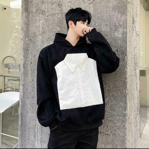 Mens Youth Vogue Hooded Two Tone Shirt Pullover Loose Hoodie Casual Hoodies