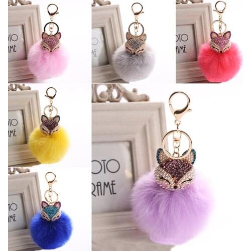 Newest Crystal Fox Fur Keychain Pompom Car Keychain Ladies Small Accessories Toy Gift Jewelry Pendant Bag Ornament Chain