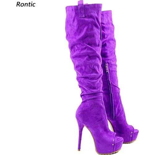 Rontic New Stylish Women Spring Knee Boots Faux Suede Unisex Sexy Stiletto Heels Peep Toe Gorgeous Purple Party Shoes Size 35-52