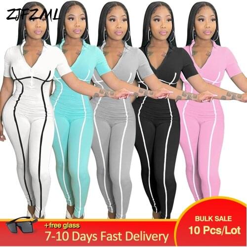 Wholesale Bulk Items Lots Womens Romper Active Wear Bright Line Decoretion Fitness Overall Summer Zipper Bodycon Catsuit New