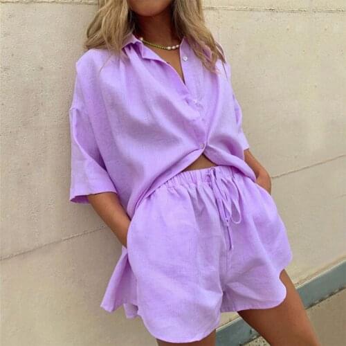 2021 New Fashion Woman Pure Pajamas Set Cotton Female Sexy Sleepwear Summer Solid Color Lounge Homewear Shorts Suit Purple Blue