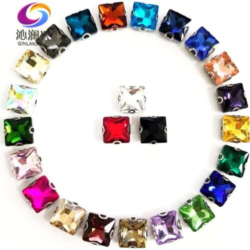 Mix color square top quality Glass Crystal sew on stones with holes,Anti hook D shape claw rhinestone,Diy/Clothing accessories