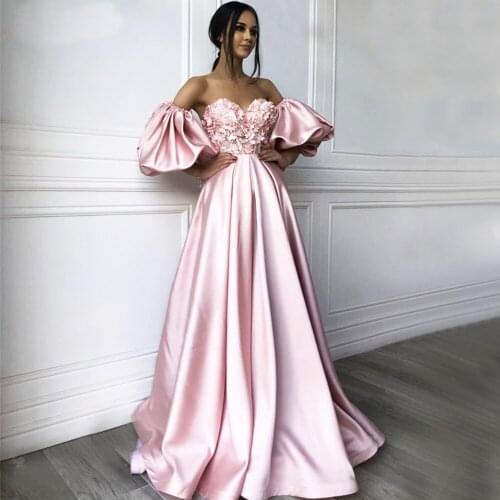 Pink Sexy Evening Dress Off Shoulder Handmade 3D Flowers Beading Formal Dress 2020 Side Sleeves Robe de soiree Party Gown