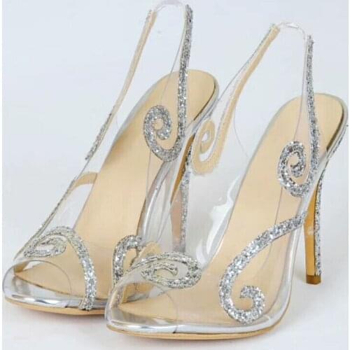 Sexy lady high heel PVC Sequins print slingback shoes peep toe PVC Sequins high heel woman slingback sandal real photo customize