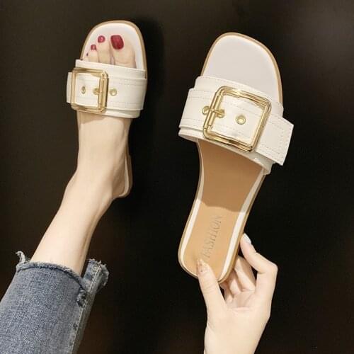 Square Toe Slippers Summer Womens Shoes Beach Flat Slippers Fashion Top Buckle Outdoor Ladies Casual Slippers Womens Shoes
