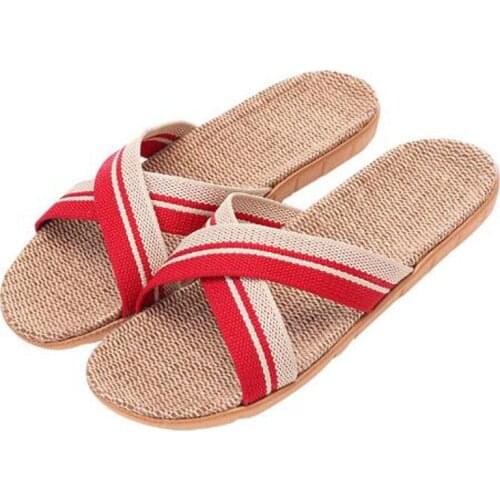 Womens Cross Flax Slippers Fashion Outside Red White Striped Slippers Beach Linen Flip Flops Women Slides Indoor House Shoes