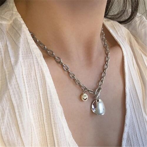 TIMEONLY Street Style Stainless Steel Hollow Smile Pendant Necklace Chunky Cuban Chain for Women Ladies OT Buckle Party Jewelry