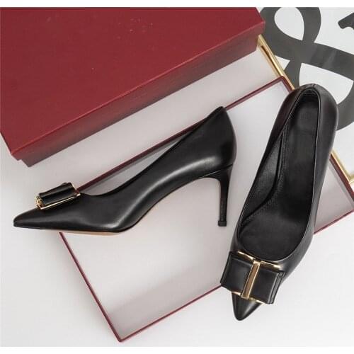 Hot Sell Womens High Heels Genuine Leather Pointed Toe Pumps Butterfly-knot Thin High Heel Shoes Mature Ladies Office Shoes
