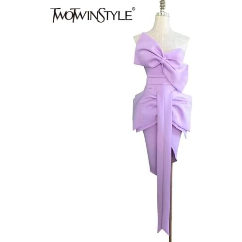 TWOTWINSTYLE Elegant Solid Wedding Evening Dresses For Women Slash Neck Sleeveless High Waist Bowknot Summer Womens Dress 2021