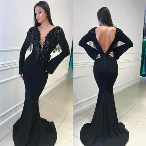 Arabic Black Mermaid Evening Dresses Deep V Neck Backless Long Sleeve Tassel Beads Long Formal Prom Party Gowns vestidos de noch