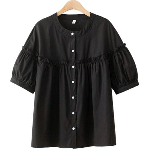 Plus Size Womens Full Cotton Summer Blouse Short Sleeve White Black Simple Tops Officewear A-line Blusas