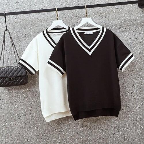 L-3XL plus-size womens T-shirt summer short sleeve v neck Patchwork kint Oversized sweaters pullover loose casual female jumper