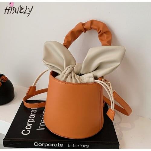Fashion Bowknot Portable Bucket Bag Ladies High Quality PU Designer Messenger Bag Women Fashion Solid Color Casual Handbag