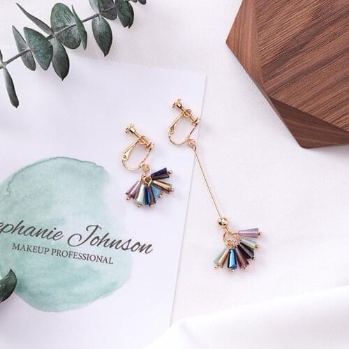 JIOFREE Long Chain crystal Asymmetric Clip on Earrings Non Piercing For Women Brincos European and American Style Jewelry