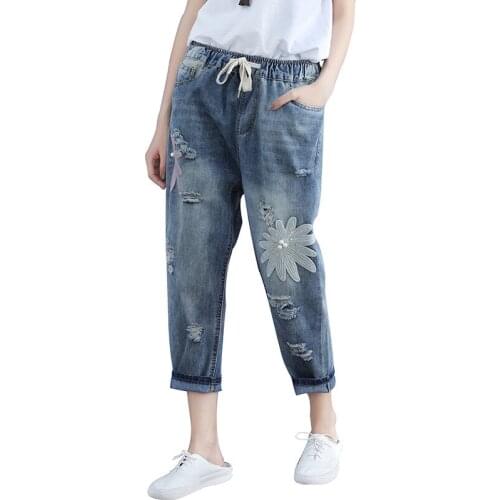 Women Jeans 2019 Spring Summer Vintage Denim High Waist Elastic Harem Pants Loose Casual Ripped Female Jeans Large Size 4XL R54