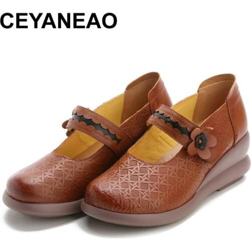 CEYANEAOCasual Shoes For Women National Genuine Leather Woman Flowers sandals Wear Resistant Breathable Mother Shoes Muffin Shoe
