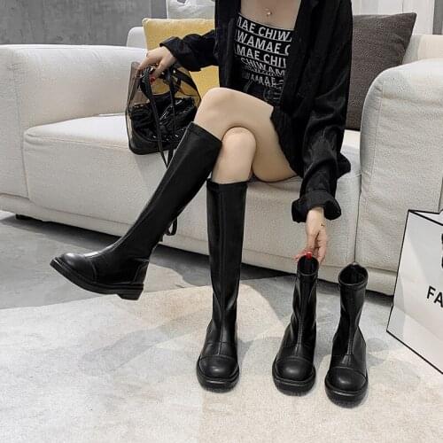 Celebrities knee high boots women rear chunky heels botas sewing cotton slim leg female med high heels knight riding botines2020