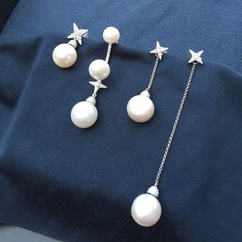 SLJELY Elegant 925 Sterling Silver Pave Cubic Zirconia Star Freshwater Pearl Drop Earrings Women Fine FESTIVAL Jewelry Series