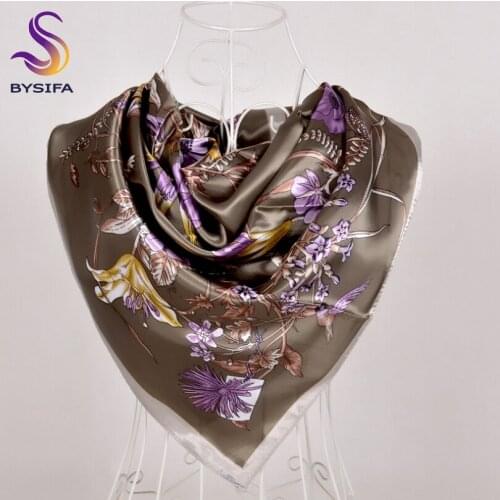 [BYSIFA] Army Green Ladies Square Scarves New Fashion Satin Women Silk Scarf Shawl 90*90cm Luxury Autumn Winter Scarves Wraps