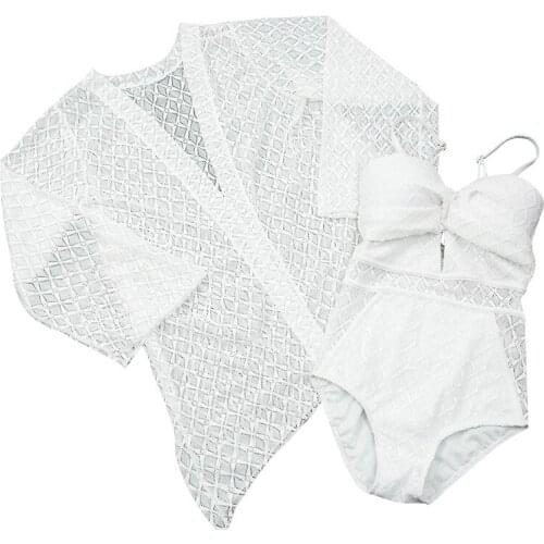 2021 Women White One Piece Swimwear Solid Bathing Suit Swim Beachwear Summer Sexy Swimsuit Womens Swimming Suits with Cover-Up