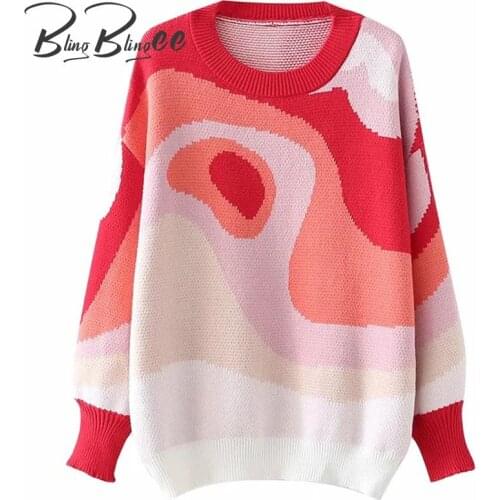 BlingBlingee Za 2021 Autumn Woman Traf Pull Geometric Patchwork Knit Jumpers Drop Shoulder Casual Loose Sweaters Red Tops
