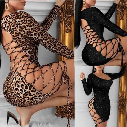 2020 Fashion Women Leopard Bling Bodycon Sexy Mini Dress Long Sleeve Bandage Hollow Out Evening Party Club Ladies Dresses
