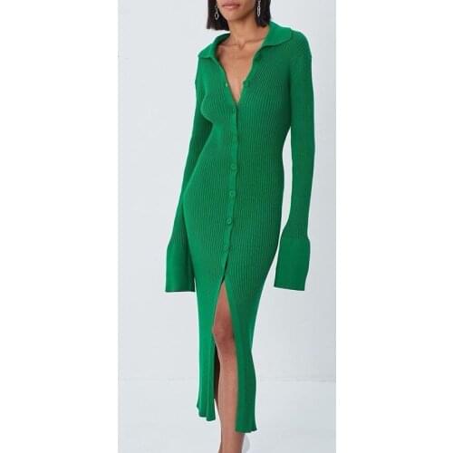 Women Bodycon Dress Autumn Winter Knitted Sweater Dress Sexy V Neck Midi Split Dresses Long Sleeve Party Dress Slim Robe Femme