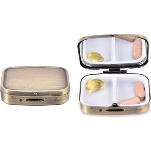 1PC Bronze Metal Rectangle 2 Grid Moistureproof Medicine Holder Pill Storage Box 56*44*15mm Metal Pill Boxes