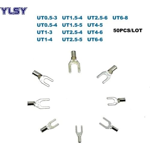 50Pcs Non-insulated Spade Terminal UT0.5-3~UT6-8 Electric Fork Crimp Terminales Wire Connector Cable 22-10AWG 22-10AWG 0.5~6mm2