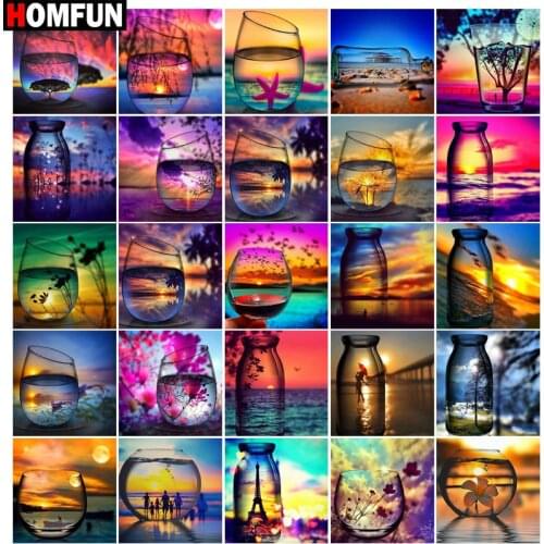 HOMFUN Diy 5d Diamond Painting "Sunset cup bottle scenery" Cross Stitch Square Round Diamond Embroidery Handwork Rhinestone Art