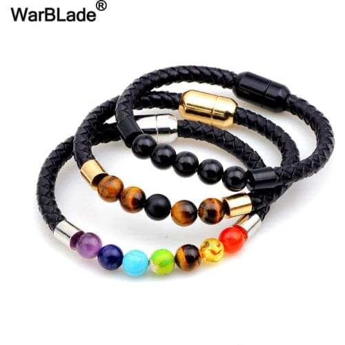 7 Reiki Chakra Healing Bracelet Natural Tiger Eye Stone Beads Bracelets Braided Genuine Leather Bracelets Bangles For Men Women