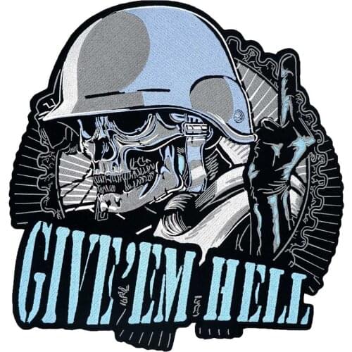 GIVE EM HELL SKULL Soldier Shooting Patch Embroidered Applique Sewing Label punk biker Clothes Stickers Apparel Accessories