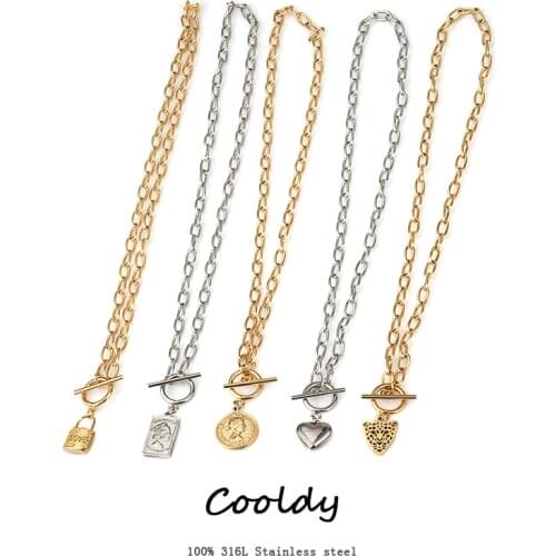 Fechadura de colar de moedas, colar grosso, colar de lua, colar de corrente longa com cruz de aço e ouro, joias para presente