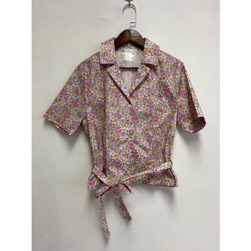 Elfbop Ladies Notched Floral Printed Blouse Shirt Top With Short Sleeve & Waist Ties