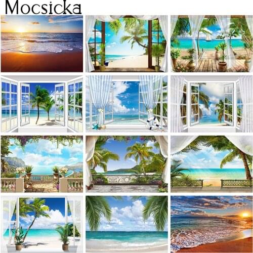 Summer Window Natural Scenery Photography Backdrop Sea Beach Birthday Portrait Background Blue Sky Palm Trees Photo Studio Props