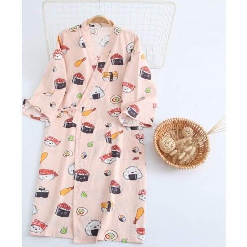 Shanghai Story Women Cotton Kimono Bathrobe with Pockets Bath Robe Sushi Print sleepwear 2 Color